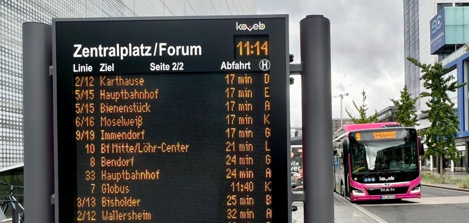 DFI-Anzeiger am Zentralplatz Digitale Fahrgast-Information am Zentralplatz in Koblenz