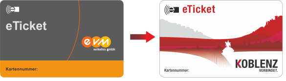 altes eTicket der evm Verkehrs GmbH wird überführt in das neue eTicket der Koblenzer Verkehrsbetriebe im CI der Stadt Koblenz