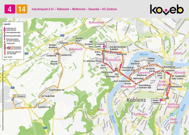 Linienführung der Linie 4/14 während der Baustelle an der Kurt-Schumacher-Brücke Linienführung der Linie 4/14 während der Baustelle an der Kurt-Schumacher-Brücke