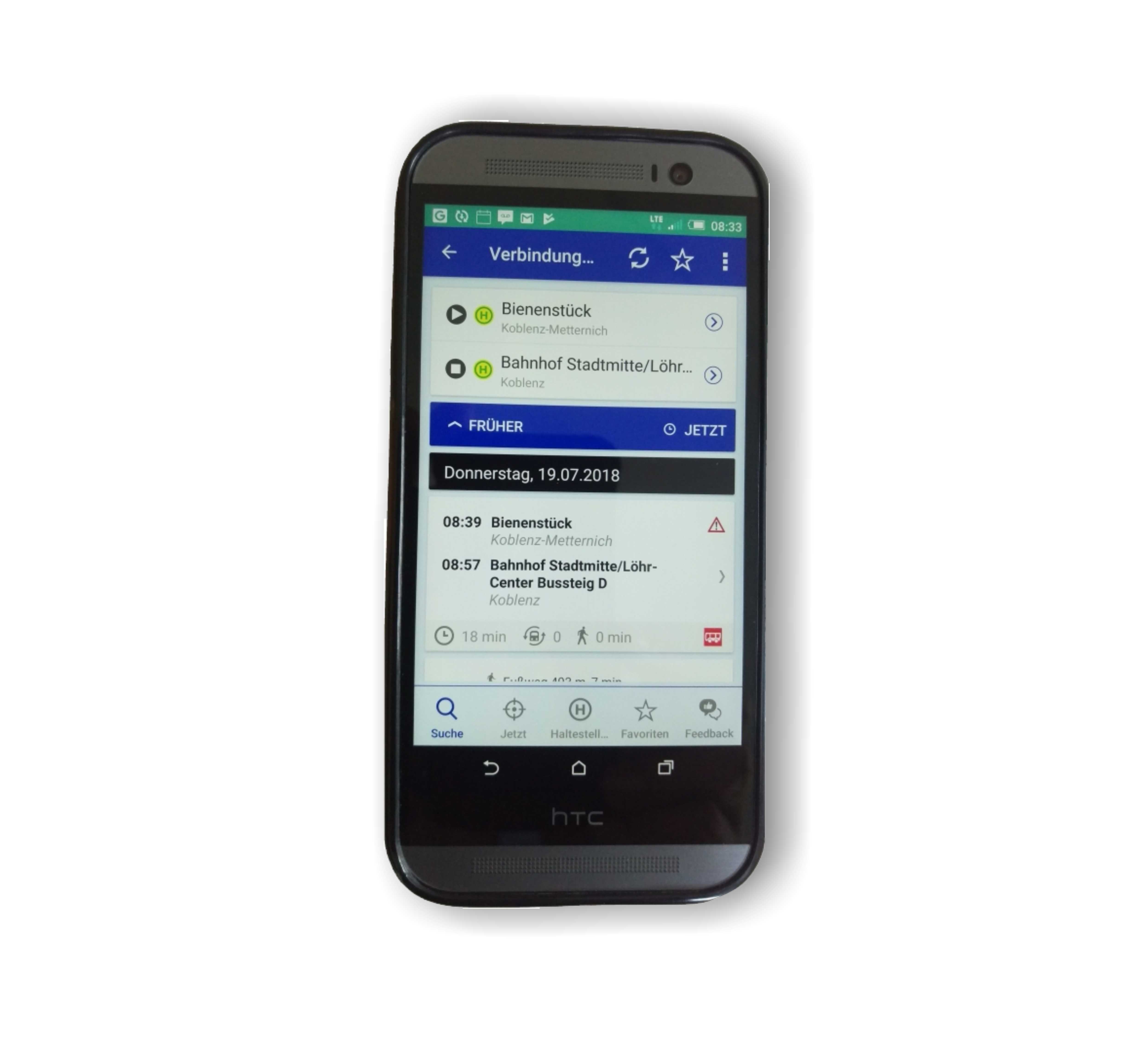 Bildschirm eines Handys mit der App des Verkehrsverbunds Rhein-Mosel GmbH (VRM)